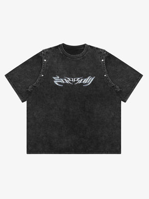 Washed Black Studded T-Shirt with Chrome Lettering – Front view | XoKool