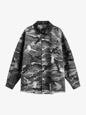 Camisa vaquera de camuflaje oversize con detalles de encaje – Camuflaje gris, vista frontal | XoKool