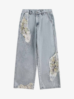Light Wash Straight Jeans with Lace Patches – Light Blue, front view | XoKool
