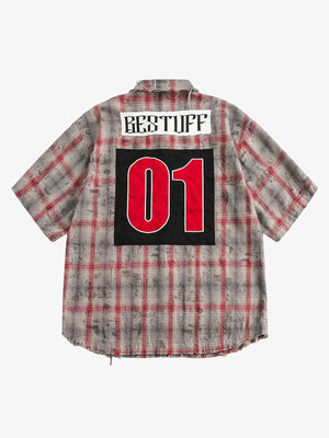 Distressed Patch Plaid Short-Sleeve Shirt - thumbnail 2