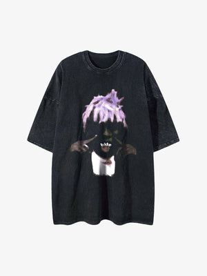 Cartoon Rap Tee with Purple Hair Character – Washed Black, front view | XoKool