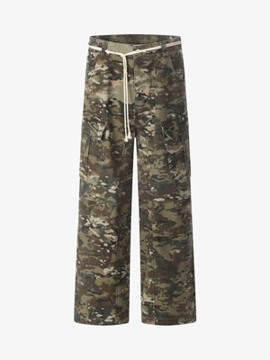 Woodland Camo Cargohose mit Kordelgürtel – Vorderansicht flach | XoKool