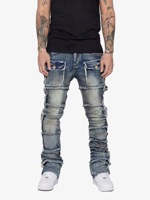 Stacked Flare Jeans with Frayed Patch Panels – Blue, on model front | XoKool