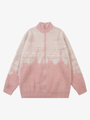 Pink Fuzzy Flame Jacquard Zip Up Cardigan – Pink, front view | XoKool