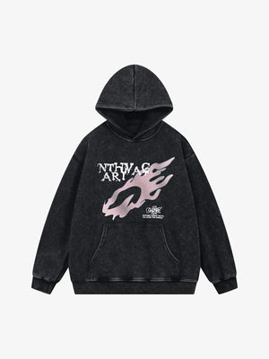 Acid Wash Flame Hoodie with Distressed Text – Washed Black, front view | XoKool