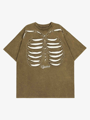 Washed Skelett Brustkorb T-Shirt mit Wirbelsäule am Rücken – Washed Olivbraun, Vorderansicht | XoKool
