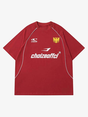 Retro Fußballtrikot T-Shirt mit Raglan-Paspel – Rot, Vorderseite flach ausgelegt | XoKool