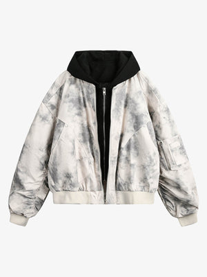 Tie-Dye Cropped Bomber Jacket with Hood – Cream tie-dye, front view | XoKool