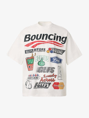 Boxy Sticker Collage Graphic T-Shirt mit Stehkragen – Weiß, Vorderansicht | XoKool