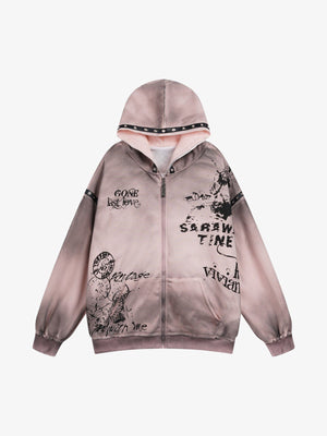 Hoodie grunge desgastado con cierre y cinta de ojales – Rosa empolvado, vista frontal | XoKool