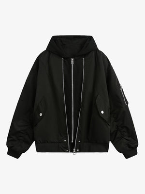 Black Hooded Bomber Jacket with Layered Look – Black, front view | XoKool