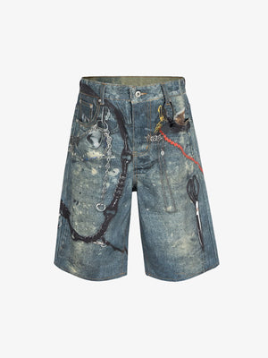 Graphic Jorts mit Scheren- und Ketten-Print – Vintage Blau, Vorderansicht | XoKool