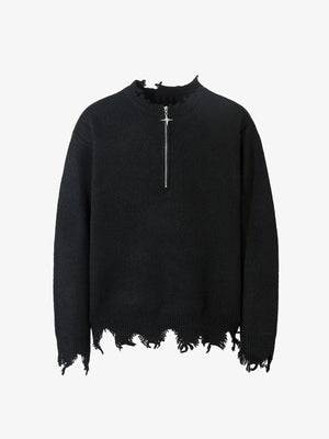 Distressed Pullover mit Quarter Zip und ausgefransten Kanten – Schwarz, Vorderansicht | XoKool