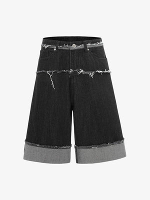 Jorts negros con dobladillo vuelto y bandas de borde sin rematar – Negro, vista frontal plana | XoKool