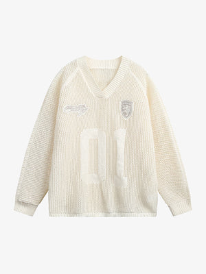 Vintage Ripped Long Sleeve Knitted Jersey V-Neck Sweater - thumbnail 1