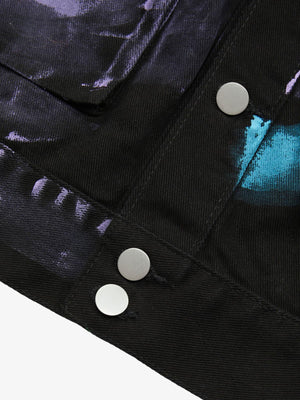 Bemalte Jeansjacke – Schwarz, Druckknöpfe und Saum Nahaufnahme | XoKool