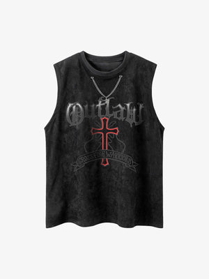 Acid Wash Gothic Tanktop mit Kreuz und Kette – Schwarz, Vorderansicht | XoKool
