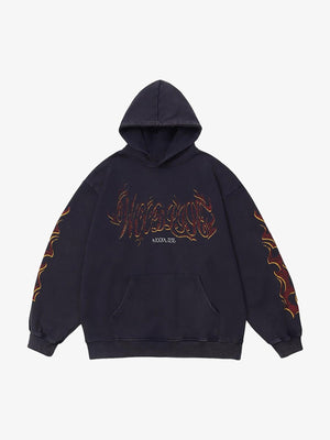 Washed Flame Hoodie mit Gothic-Schriftzug – Washed Navy, Vorderansicht | XoKool