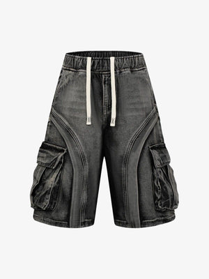Washed Black Denim Cargo Shorts with Panel Seams – Washed Black, front view | XoKool