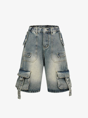 Denim Cargo Shorts with Hem Straps – Light Blue, front view | XoKool