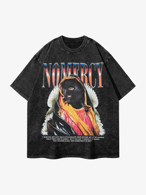 Acid Wash T-Shirt mit Skimaske-Print – Washed Schwarz, Vorderansicht | XoKool