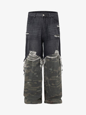 Schwarze Camouflage Jeans mit Rissen an den Knien – Vorderseite flach | XoKool