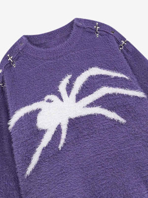 Spider sweater – Purple, spider and shoulder pins close-up | XoKool