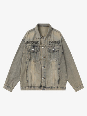 Washed Vintage Letter Print Denim Jacket - thumbnail 1