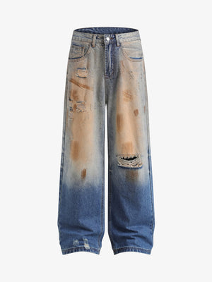 Zweifarbige zerrissene Baggy Jeans in Rost und Blau – Farbverlauf, Vorderansicht | XoKool