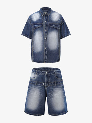 Distressed Washed Workwear Denim Shirt And Jorts Set - thumbnail 1