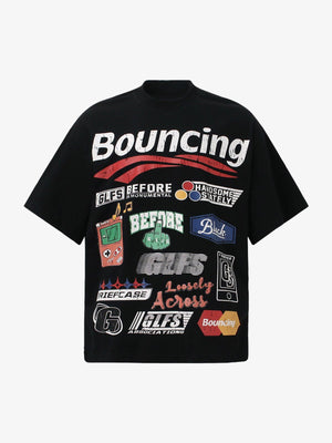 Boxy Sticker Collage Graphic T-Shirt mit Stehkragen – Schwarz, Vorderansicht | XoKool