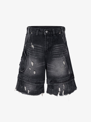 Shorts cargo desgastados – negro lavado, vista frontal plana | XoKool