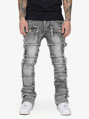 Stacked Flare Jeans with Frayed Patch Panels – Grey, on model front | XoKool