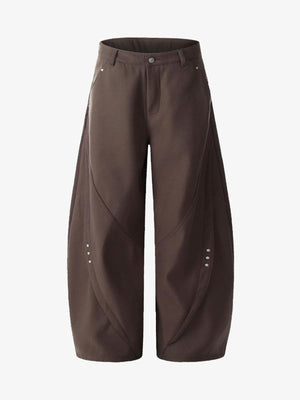 Barrel Pants with Curved Seams and Knee Rivets – Brown, front | XoKool