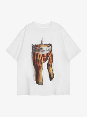 Oversized Painting T-Shirt mit Print von Händen vor dem Gesicht – Weiß, Vorderseite | XoKool