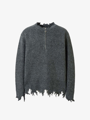 Distressed Pullover mit Quarter Zip und ausgefransten Kanten – Grau, Vorderansicht | XoKool