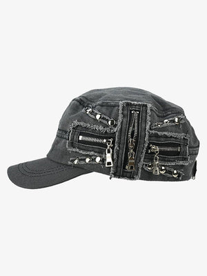 Washed Rivet Zipper Flat Top Cap - thumbnail 2