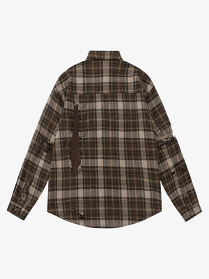 Ripped Patchwork Brown Flannel Shirt – back flat lay | XoKool