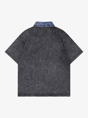 Distressed Embroidered Denim Collar Polo Shirt - thumbnail 2