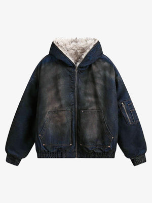 Hooded denim jacket – front flat view, zipped | XoKool