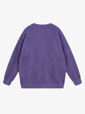 Fuzzy Spider Intarsia Crewneck Sweater – Purple, back view | XoKool