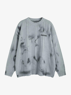 Suéter de punto trenzado desgastado con efecto tie dye – Azul grisáceo, vista frontal | XoKool