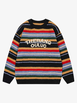 Fuzzy Multicolor Striped Letter Sweater – Black, front view | XoKool