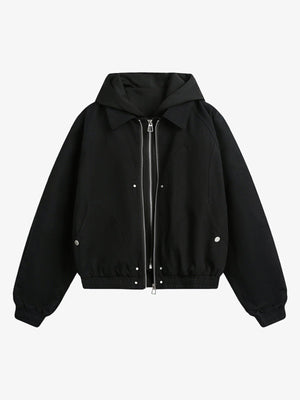 Cropped Hooded Bomber Jacket with Layered Look – Black, front flat | XoKool