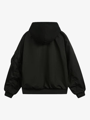 Black Hooded Bomber Jacket with Layered Look – back view | XoKool