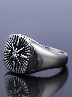 Oxidized Compass Star Signet Ring with Stone – Three-quarter view, reflective surface | XoKool