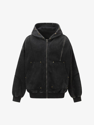 Street Washed Distressed Stitching Rivet Hooded Jacket - thumbnail 2