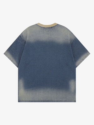 Faded Denim T-Shirt with Frayed Applique Letters – Blue, back view | XoKool