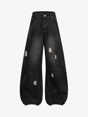 Ripped Balloon Barrel Jeans mit Umschlagsaum – Schwarz, Vorderseite flach | XoKool