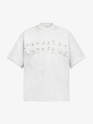 Oversized T-Shirt mit Perlen- und Strass-Schriftzug – Grau meliert, Vorderansicht | XoKool